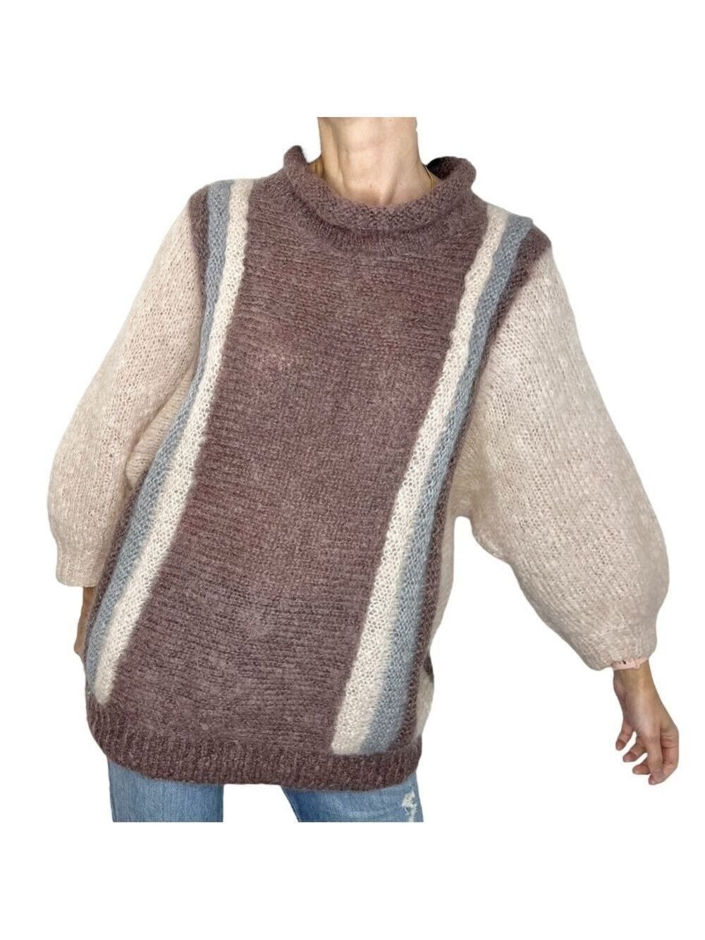 Vintage 80s hand knit Elizabeth Richards wool mohair pink grey batwing sweater